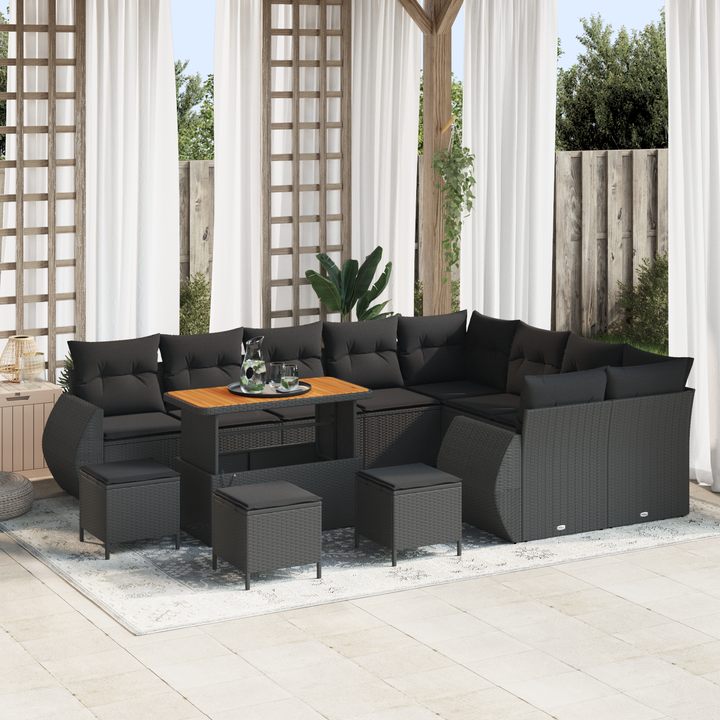Havesofa Sæt med pude med opbevaring 13 pcs Sort Poly Rattan