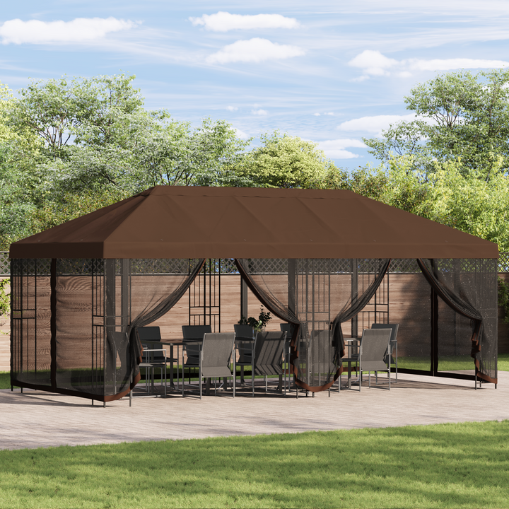 Pavillon med sidetapper 6 x 3 m Brun Polyester og Stål 190