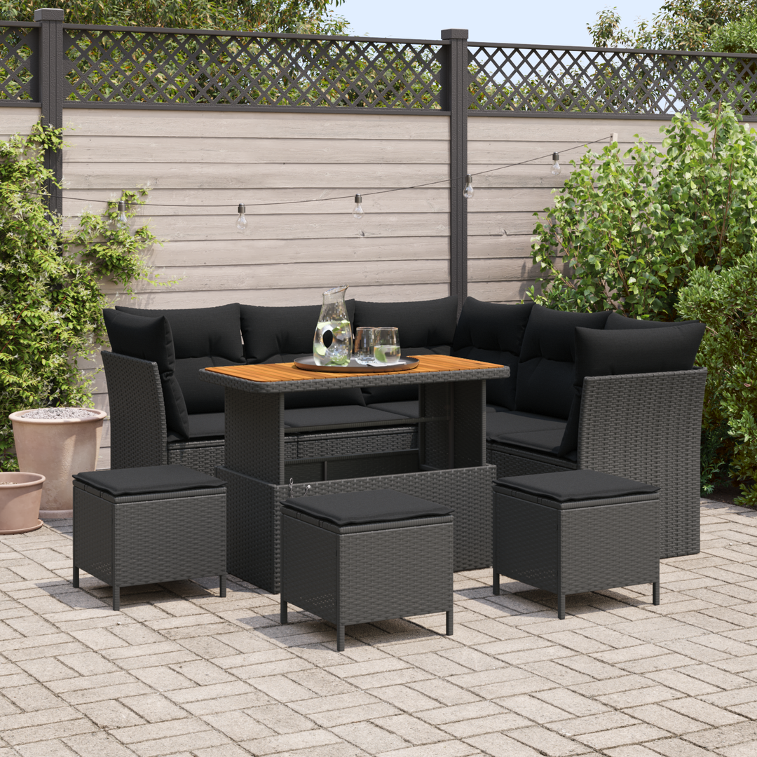 Havesofa Sæt 9 pcs Sort Poly rattan og pulverlakeret stål