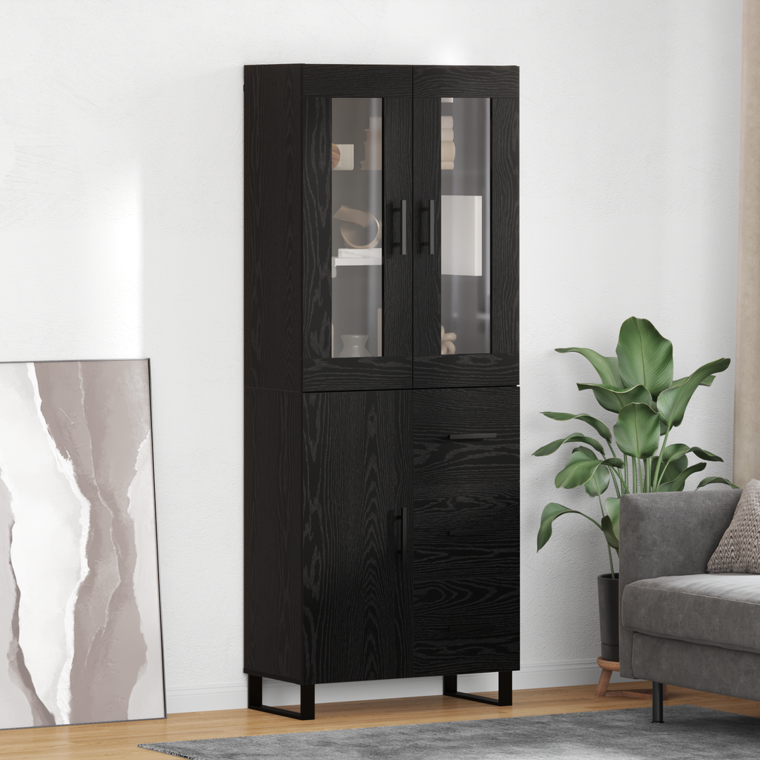 Highboard med skuffe 2 pcs Sort eg Ingeniørtræ og glas