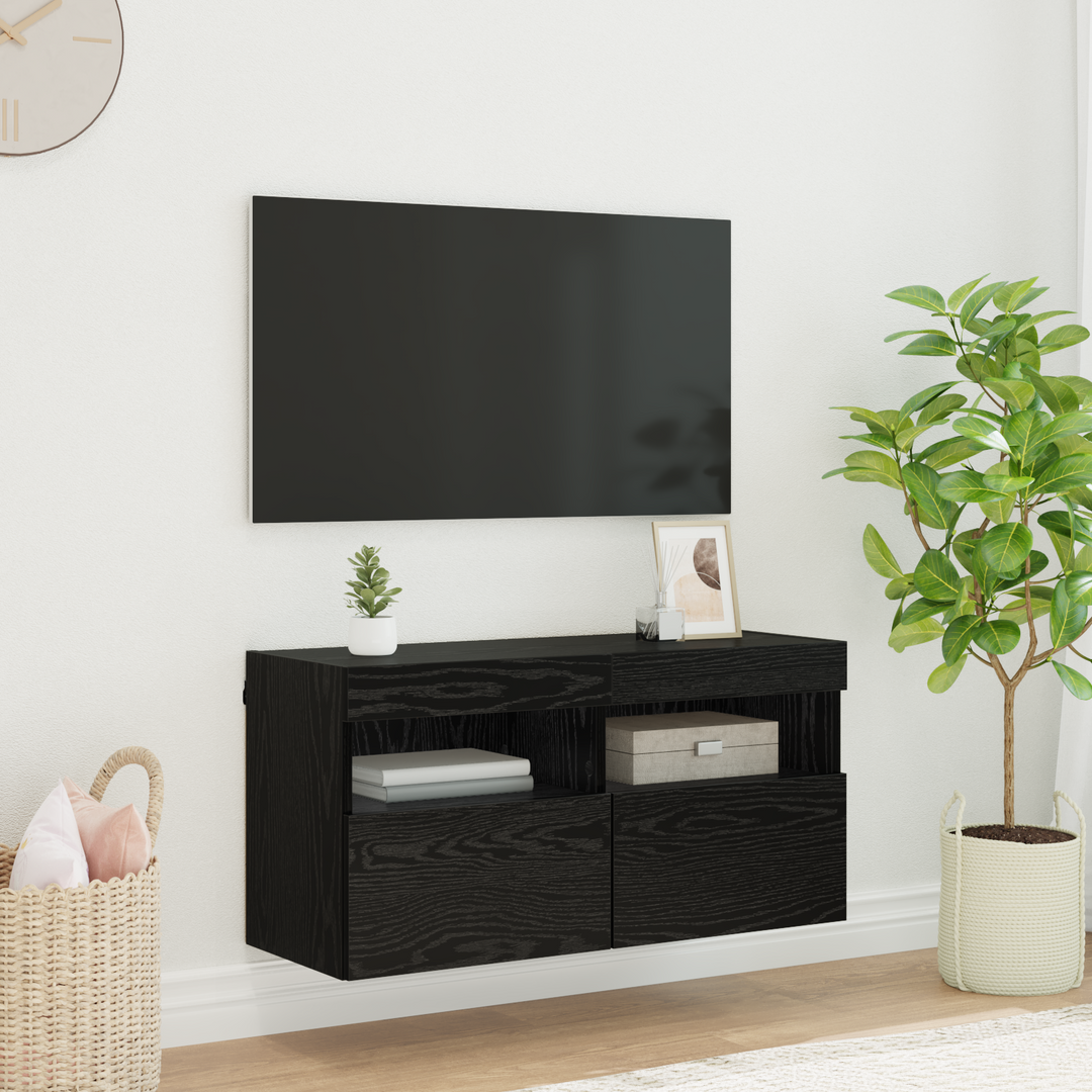 TV vægskab med LED Sort eg 80 x 30 x 40 cm Konstrueret træ