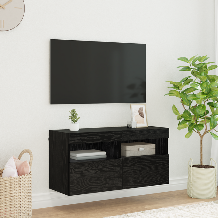 TV vægskab med LED Sort eg 80 x 30 x 40 cm Konstrueret træ