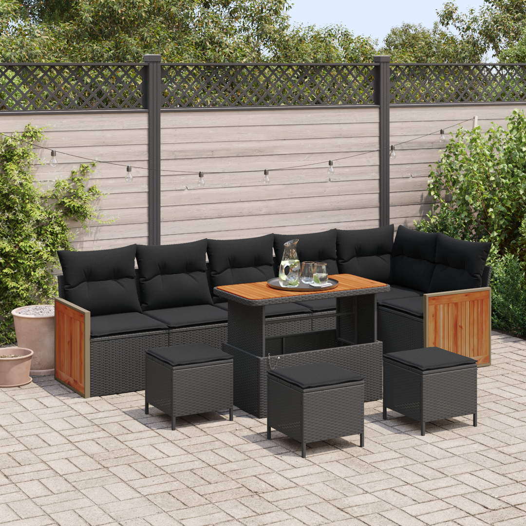 Havesofa Sæt 10 pcs Sort Poly Rattan og pulverlakeret stål