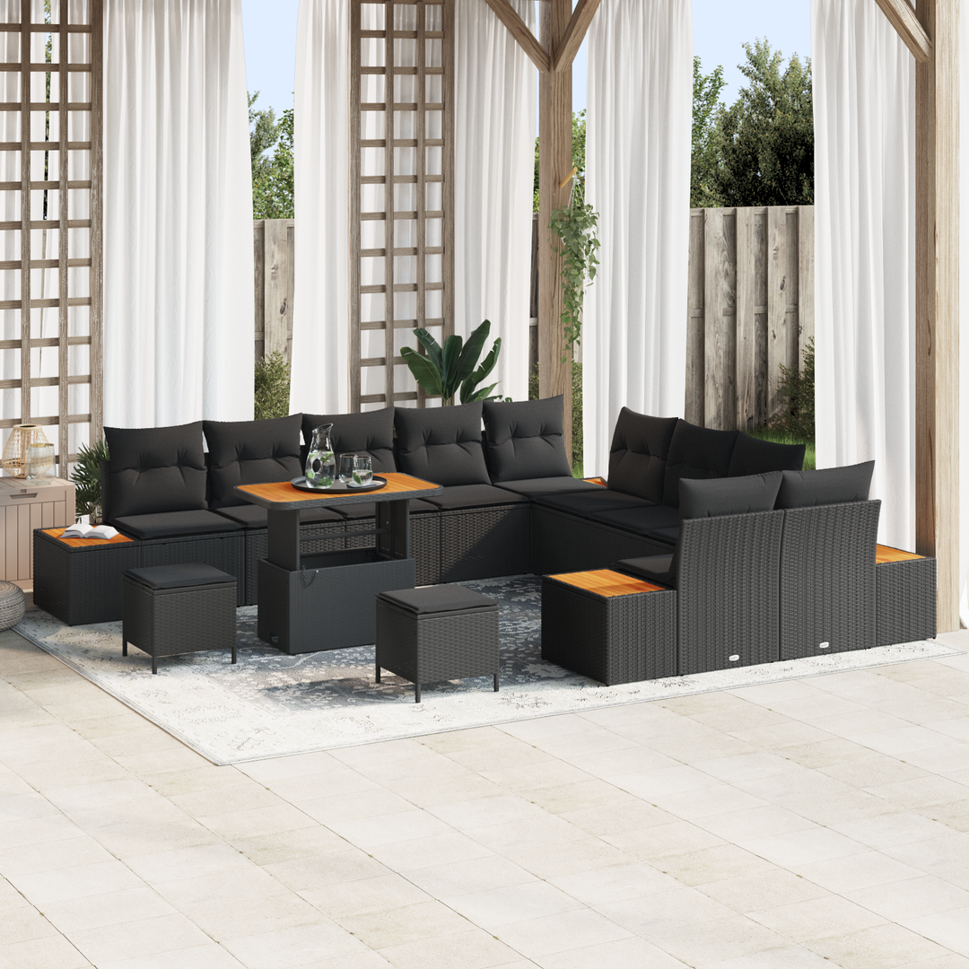 Havesofa Sæt 13 pcs Sort Poly Rattan og Pulverlakeret Stål