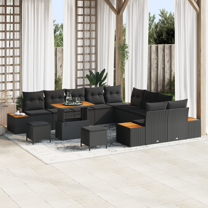 Havesofa Sæt 13 pcs Sort Poly Rattan og Pulverlakeret Stål