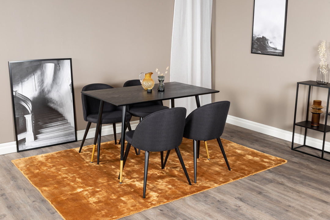 Venture Home Dipp Dining Table - 120 cm - Black Veneer - Black Legs w. Brass dipp+Velvet Dining Chiar - Black legs- Black Fabric_4