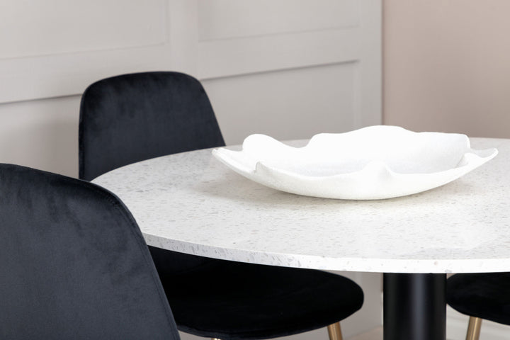 Venture Home Razzia Dining Table 106cm -White Terazzo / Black - Polar Chair - Black Velvet / Matt brass leg 4