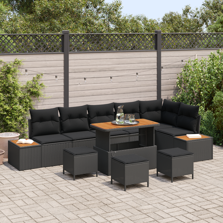 Havesofa Sæt 10 pcs Sort Poly Rattan og Pulverlakeret Stål