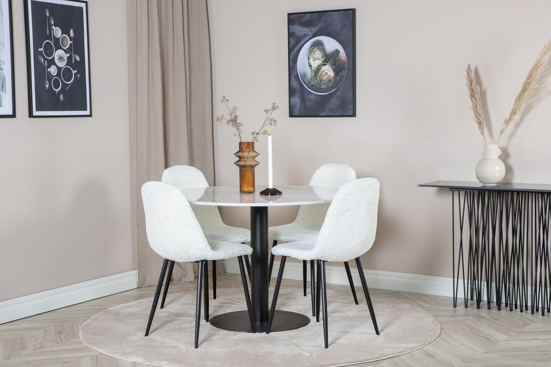 Venture Home Estelle Round Dining Table ø106 H75 - White / Black+Polar Fluff Dining Chair - Black Legs - White Teddy _4