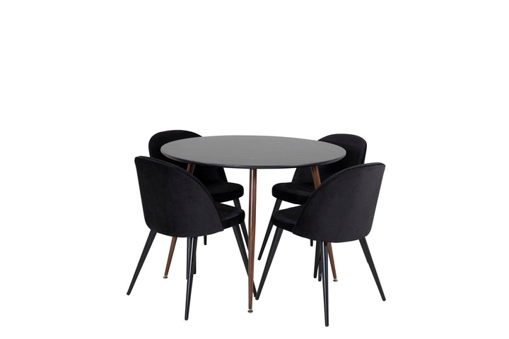 Venture Home Plaza Round Table 100 cm - Black Top - Walnut legs+Velvet Dining Chair - Black / Black_4