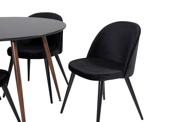 Venture Home Plaza Round Table 100 cm - Black Top - Walnut legs+Velvet Dining Chair - Black / Black_4