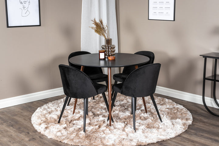 Venture Home Plaza Round Table 100 cm - Black Top - Walnut legs+Velvet Dining Chair - Black / Black_4
