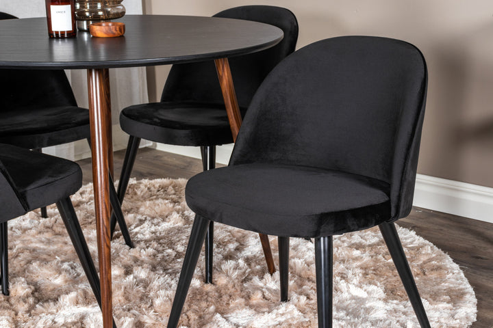 Venture Home Plaza Round Table 100 cm - Black Top - Walnut legs+Velvet Dining Chair - Black / Black_4