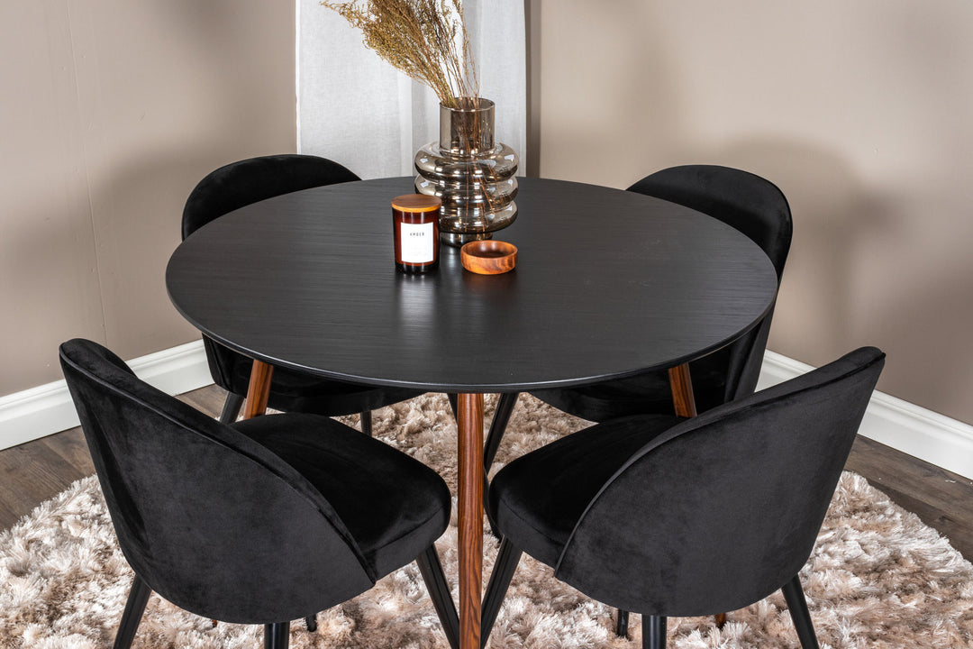 Venture Home Plaza Round Table 100 cm - Black Top - Walnut legs+Velvet Dining Chair - Black / Black_4