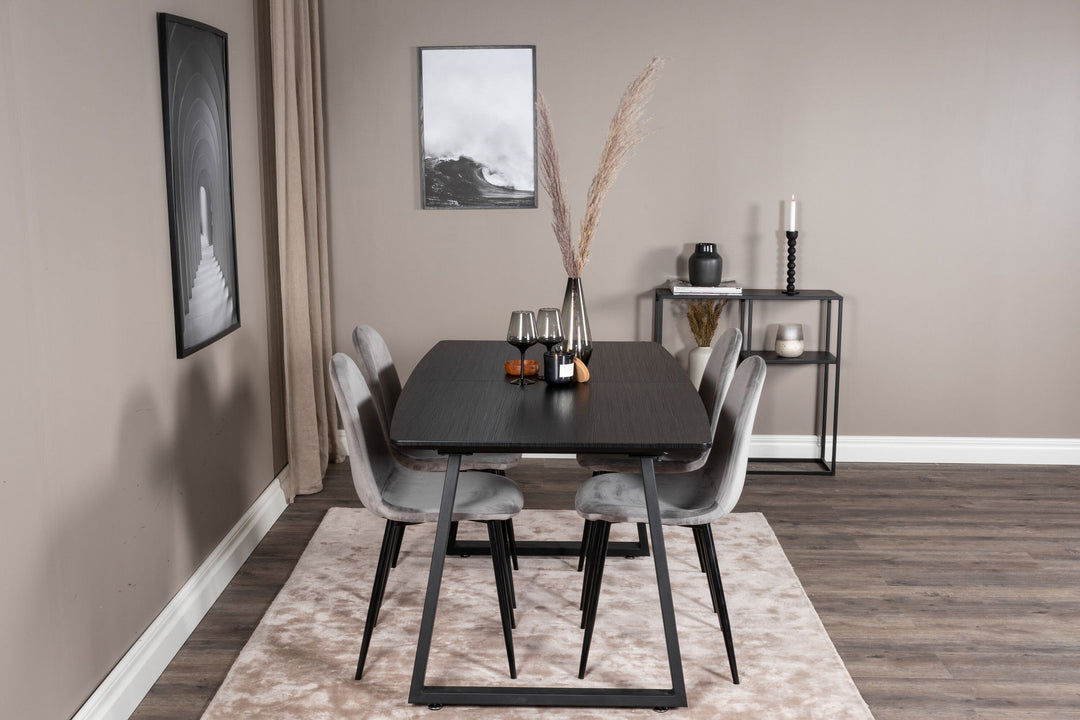 Venture Home Inca Extentiontable - Black top / black Legs+Polar Dining Chair - Black legs / Light Grey Velvet (ersätter 19902-885)_4