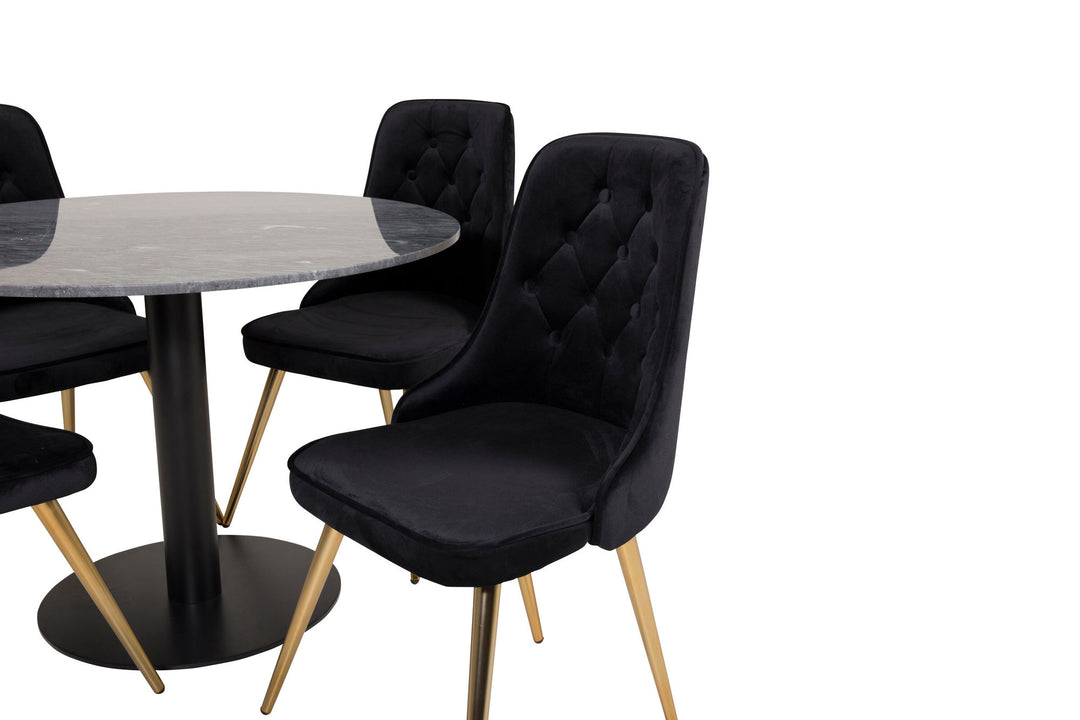 Venture Home Estelle Dining Table round 106cm Grey Marble / Black Legs - Velvet Deluxe Chair - Black/Matt Brass Leg 4