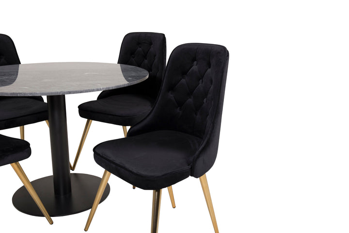 Venture Home Estelle Dining Table round 106cm Grey Marble / Black Legs - Velvet Deluxe Chair - Black/Matt Brass Leg 4