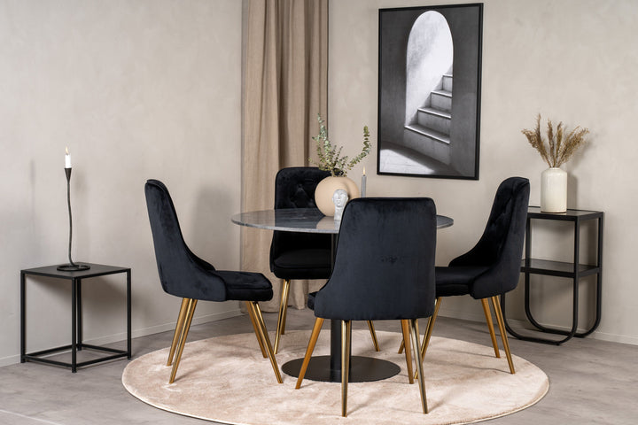 Venture Home Estelle Dining Table round 106cm Grey Marble / Black Legs - Velvet Deluxe Chair - Black/Matt Brass Leg 4