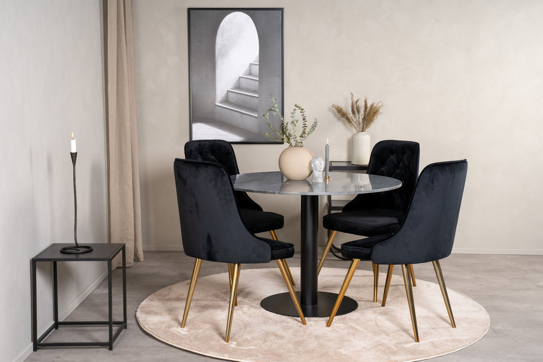 Venture Home Estelle Dining Table round 106cm Grey Marble / Black Legs - Velvet Deluxe Chair - Black/Matt Brass Leg 4