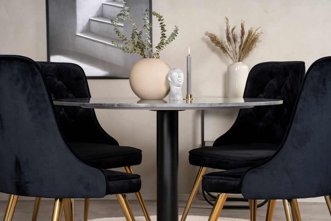Venture Home Estelle Dining Table round 106cm Grey Marble / Black Legs - Velvet Deluxe Chair - Black/Matt Brass Leg 4