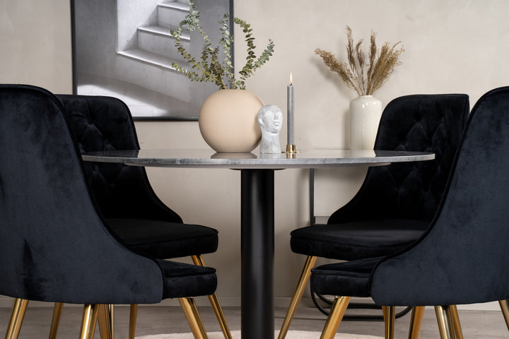 Venture Home Estelle Dining Table round 106cm Grey Marble / Black Legs - Velvet Deluxe Chair - Black/Matt Brass Leg 4
