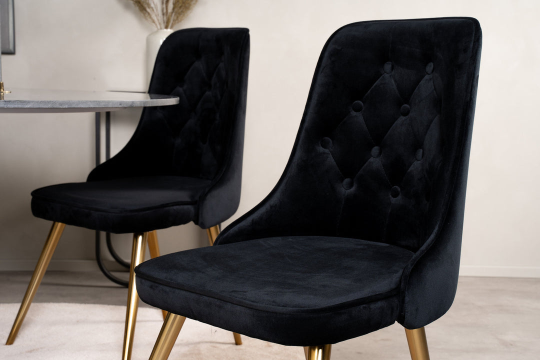Venture Home Estelle Dining Table round 106cm Grey Marble / Black Legs - Velvet Deluxe Chair - Black/Matt Brass Leg 4