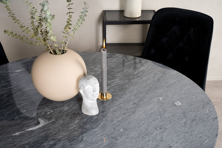 Venture Home Estelle Dining Table round 106cm Grey Marble / Black Legs - Velvet Deluxe Chair - Black/Matt Brass Leg 4