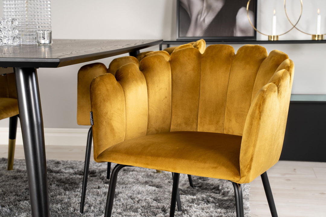 Venture Home Dipp Dining Table - 180*90cm - Black Veneer / black legs w brass dipp +Limhamn - Chair - Gold Velvet_4