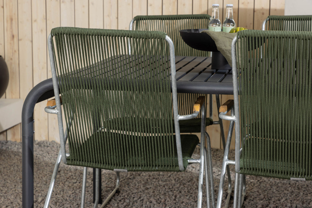 Venture Home Borneo Diningtable Aluminium - Black / Rectangular 100*200* +Bois Diningchair Steel - Silver / Green Rope _6