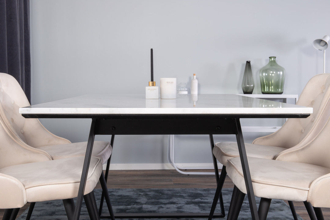 Venture Home Estelle Dining Table 140*90 - White Marble / Black Legs - Velvet Deluxe Dining Chair - Black legs / Beige velvet 4