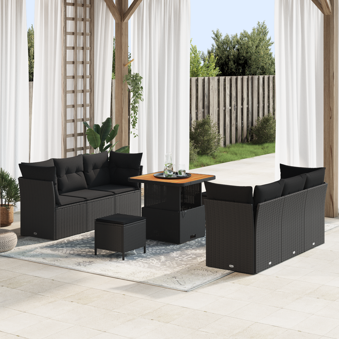 Havesofa Sæt med pude 9 pcs Sort polyrattan
