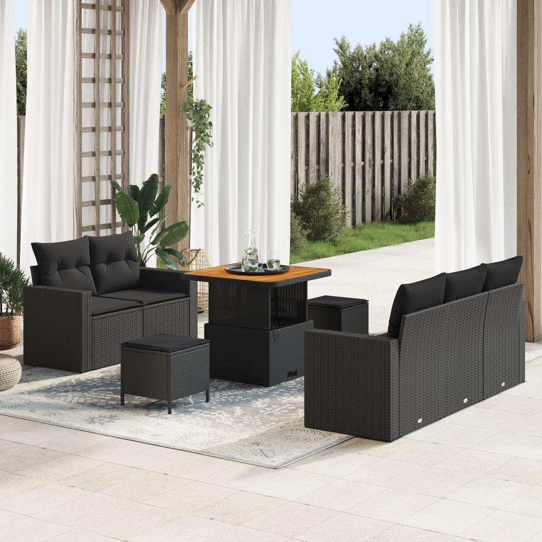 Havesofa Sæt med pude 8 pcs Sort polyrattan