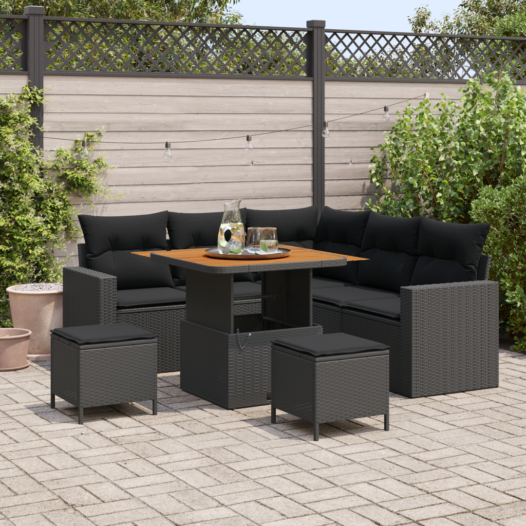 Havesofa Sæt med pude 9 pcs Sort polyrattan