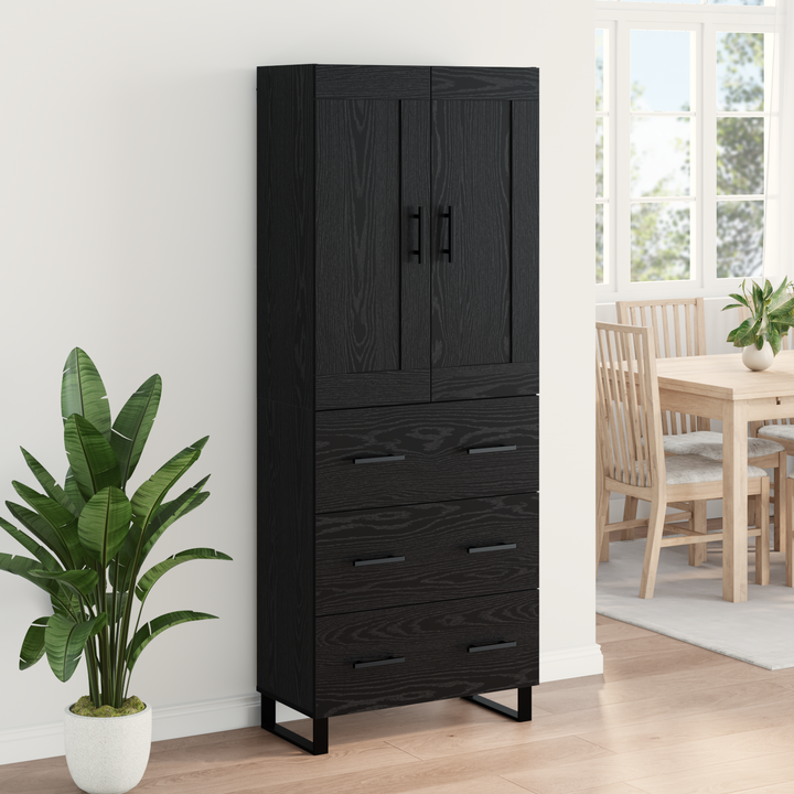 Highboard med skuffe Sort eg 69,5 x 34 x 180 cm Konstrueret træ