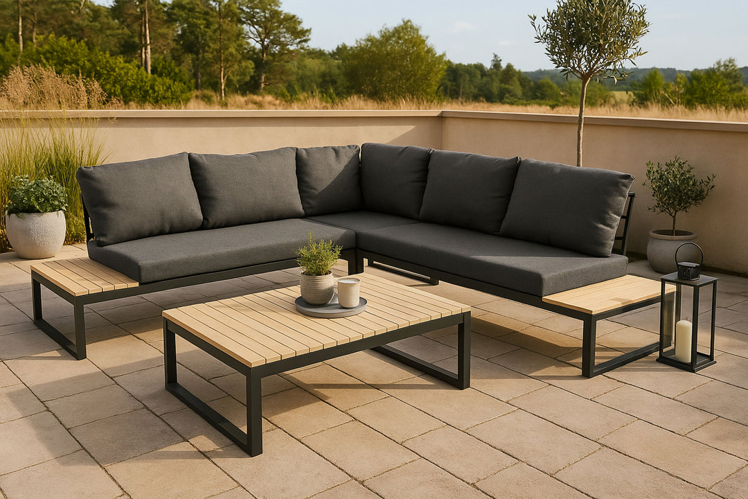 Venture Home Panama Corner Sofa - Black Alu / Grey Cushions / Acacia