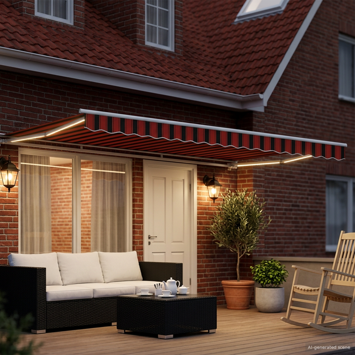 Manuel markise-ramme med LED-lys Orange, Sort og Hvid 4,5 × 3 m