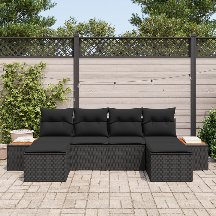 Havesofa Sæt med pude 6 pcs Sort Poly Rattan