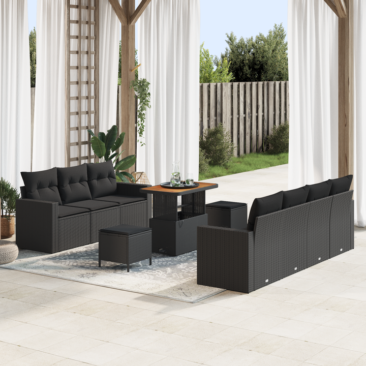 Havesofa Sæt 10 pcs Sort Polyrattan og pulverlakeret stål