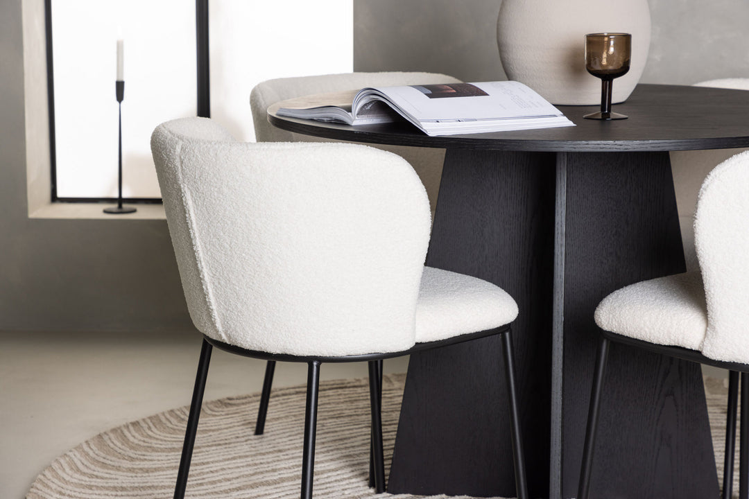 Venture Home Bootcut Round Dining Table - Black / Black Fanéer +Edina Dining Chair - Black / White Boucle _4