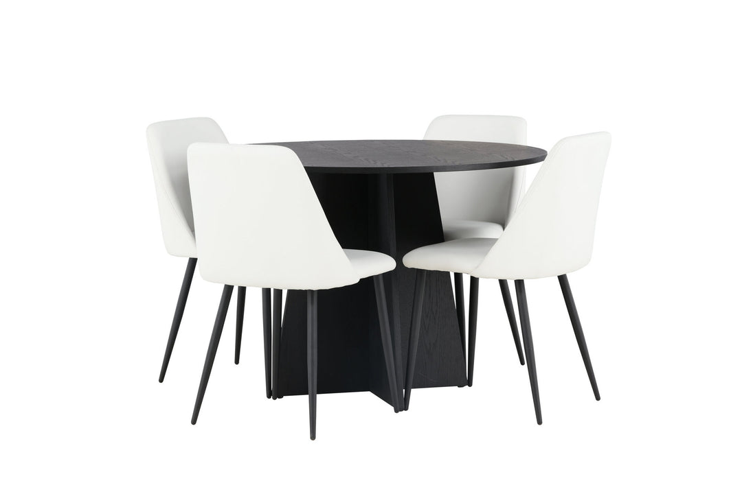 Venture Home Bootcut Round Dining Table - Black / Black Fanéer +Night Dining Chair - Black / White PU _4