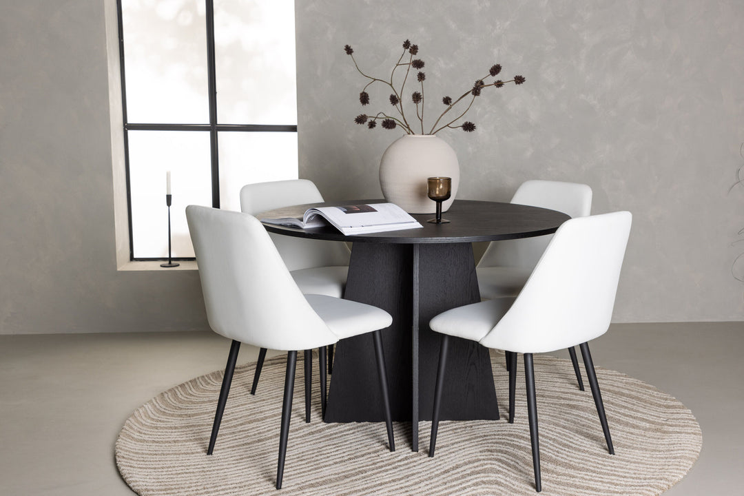 Venture Home Bootcut Round Dining Table - Black / Black Fanéer +Night Dining Chair - Black / White PU _4