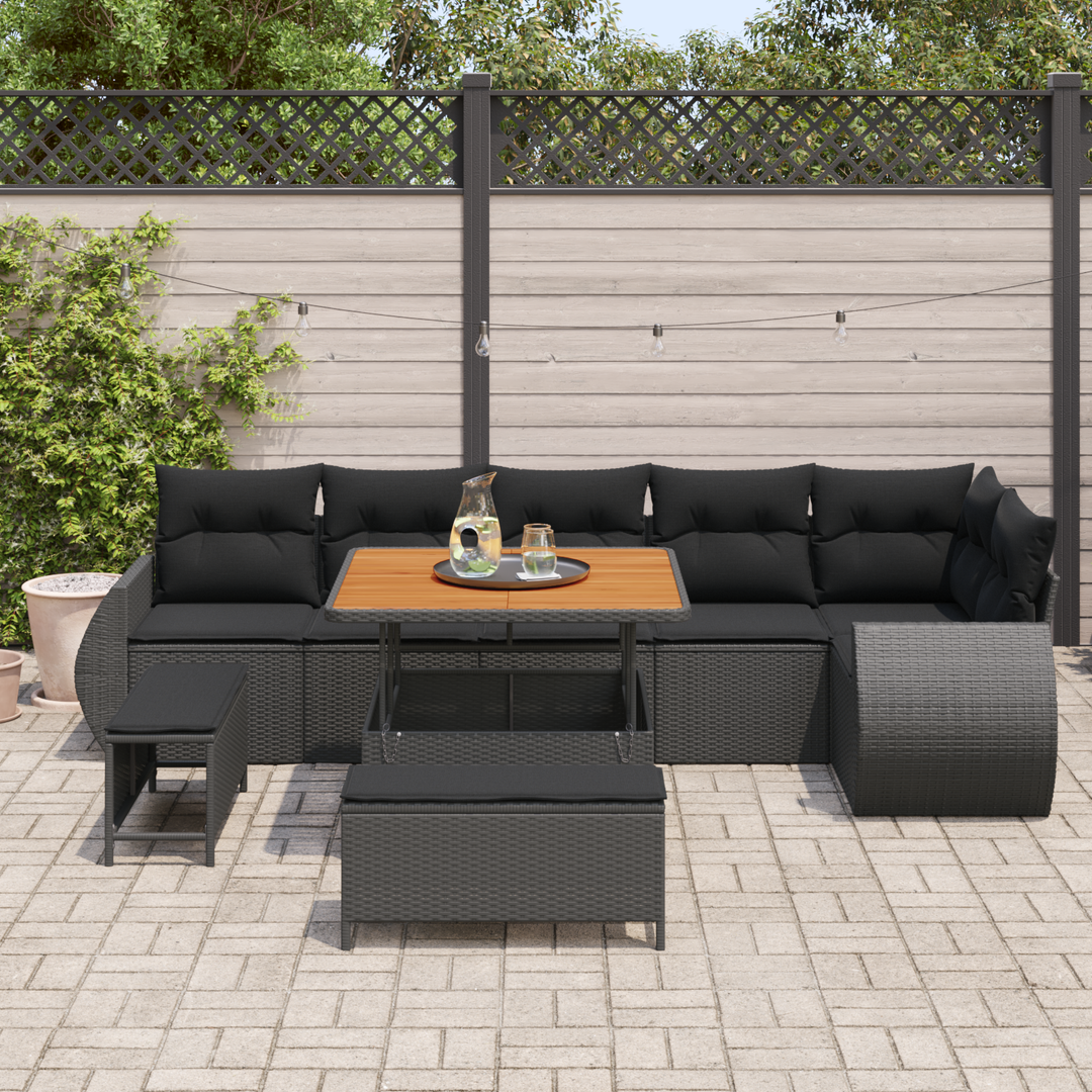 Havesofa Sæt med pude med opbevaring 9 pcs Sort Poly Rattan