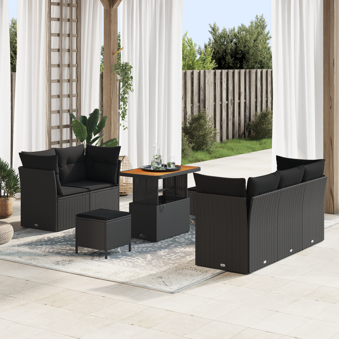 Havesofa Sæt 8 pcs Sort Poly rattan og pulverlakeret stål
