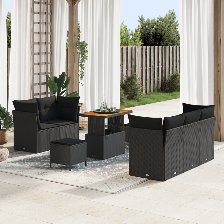 Havesofa Sæt 8 pcs Sort Poly rattan og pulverlakeret stål