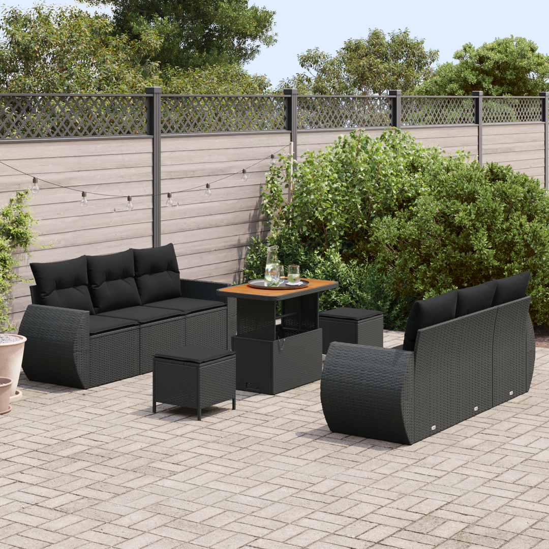 Havesofa Sæt med pude med opbevaring 9 pcs Sort polyrattan