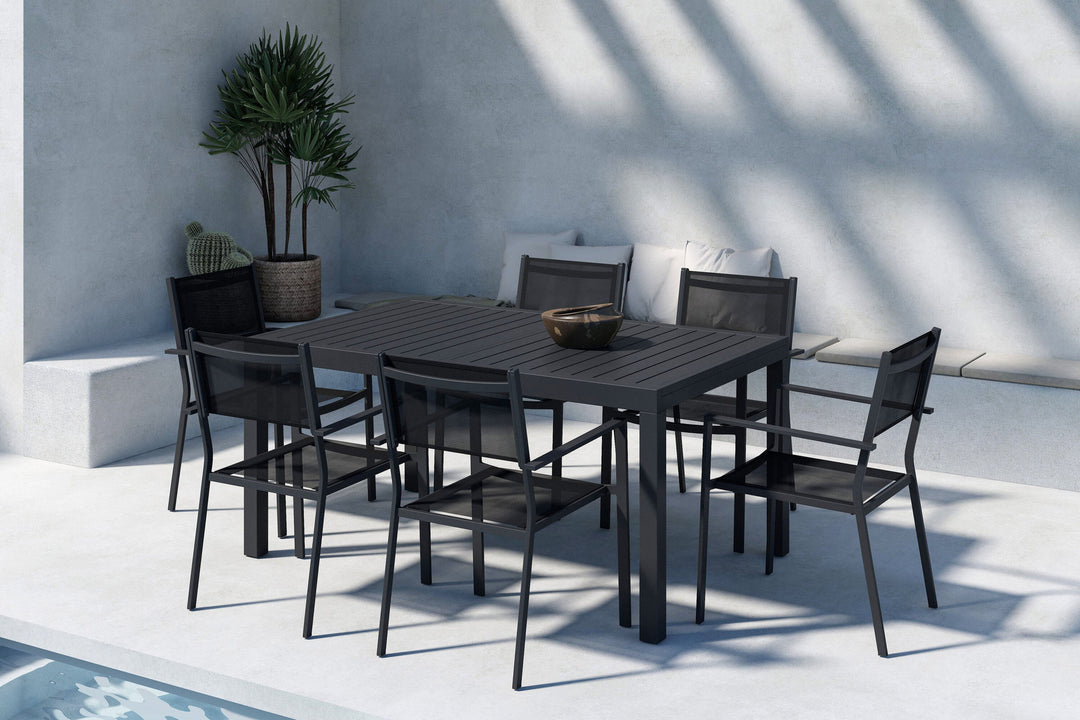 Venture Home Capo Dining Table Extendable  - Black + Copacabana Stacking Chair x 6