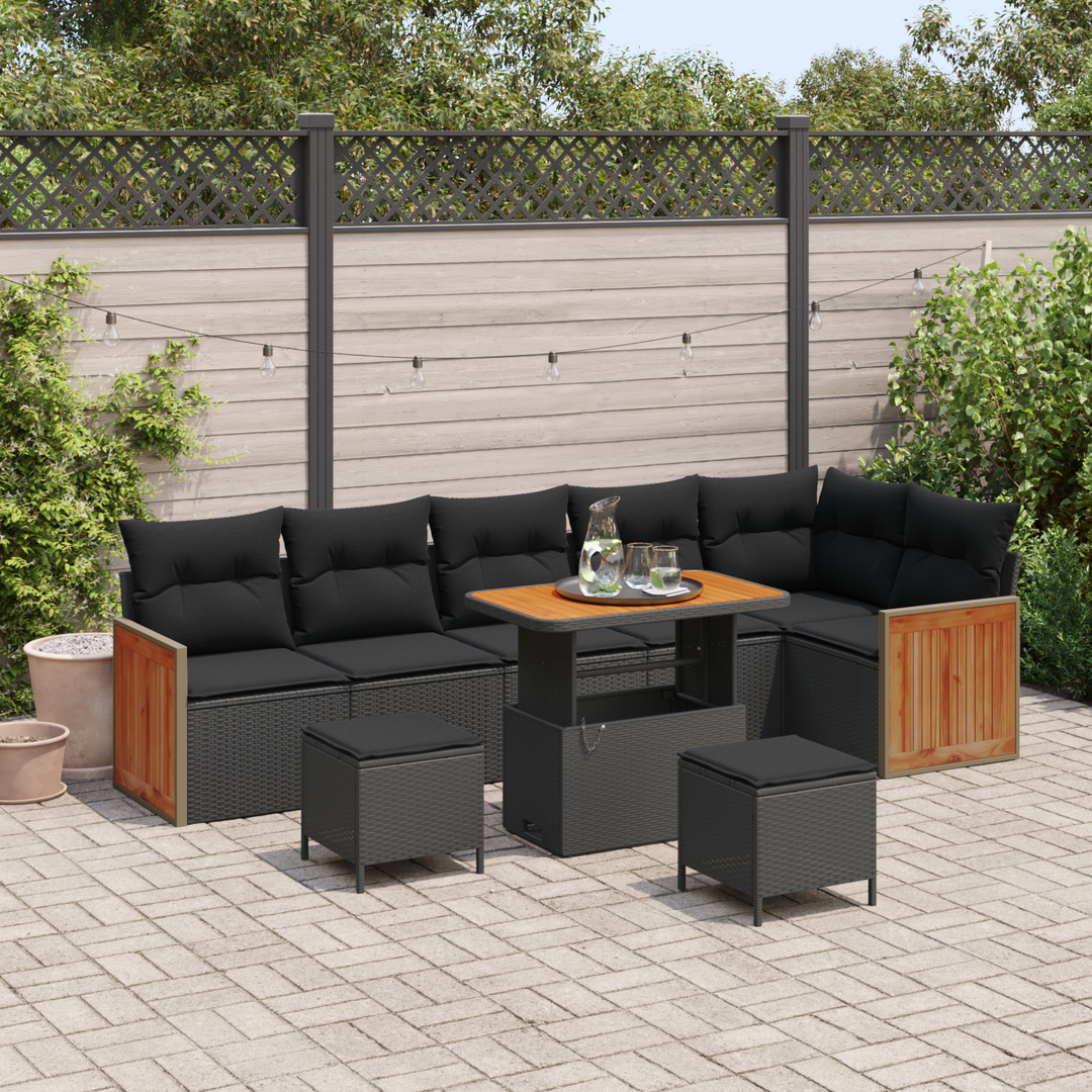 Havesofa Sæt 9 pcs Sort Poly Rattan og pulverlakeret stål