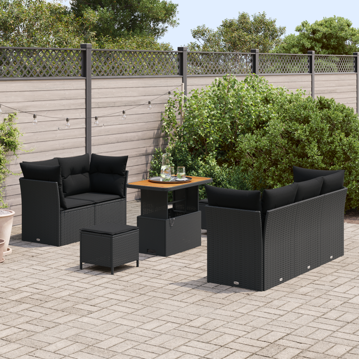Havesofa Sæt 8 pcs Sort Poly rattan og pulverlakeret stål
