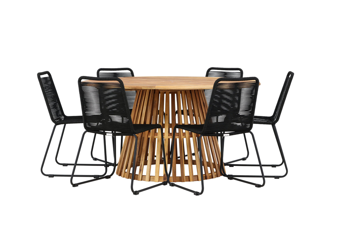Venture Home Tucumán Dining Table - Acacia ø120 +Lindos Stacking Chair - Black Alu / Black Rope _6