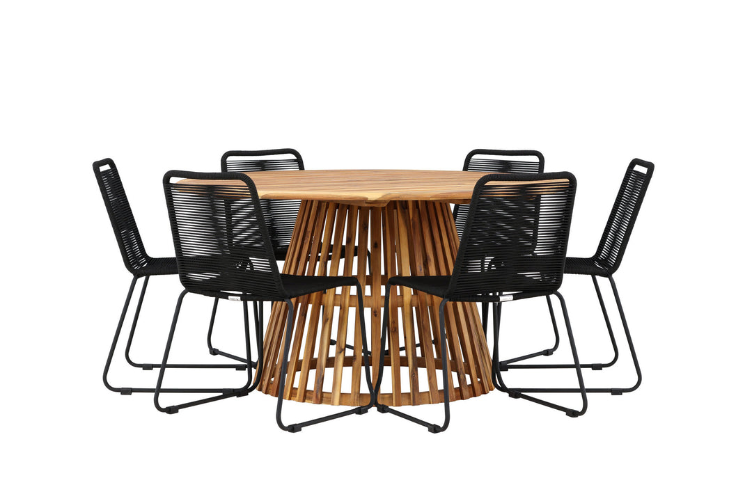 Venture Home Tucumán Dining Table - Acacia ø120 +Lindos Stacking Chair - Black Alu / Black Rope _6